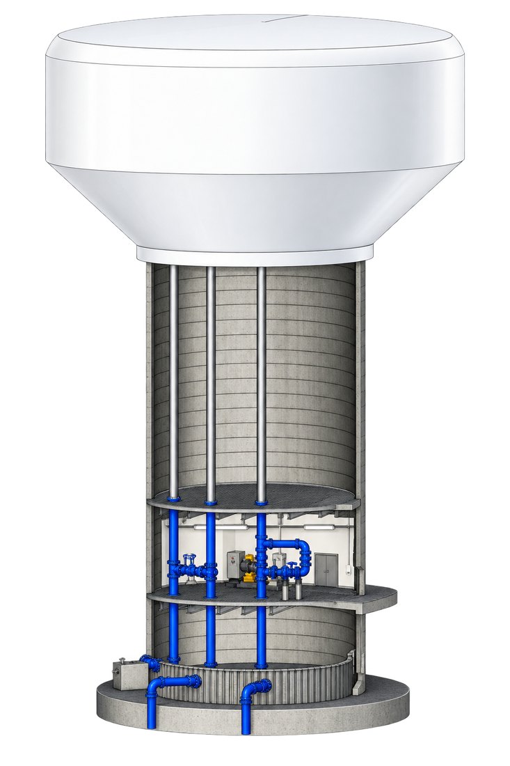 3D cutaway rendering of a fluted-column composite elevated tank showing interior riser piping, valve room, and foundation