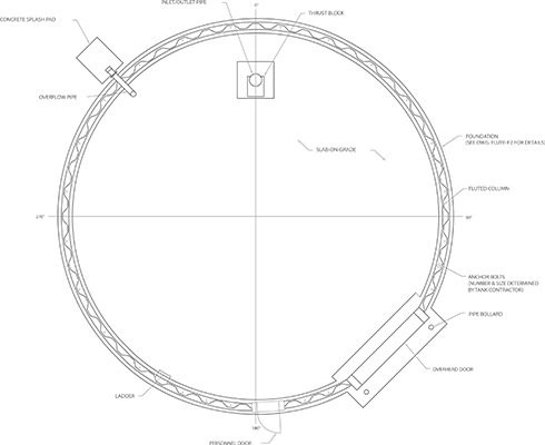 Engineering plan view of a fluted-column composite elevated tank foundation — inlet/outlet pipe, thrust block, anchor bolts, and slab-on-grade